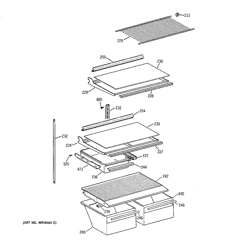SHELF PARTS Diagram and Parts List for MTI18GIZFRWW  General Electric Refrigerator