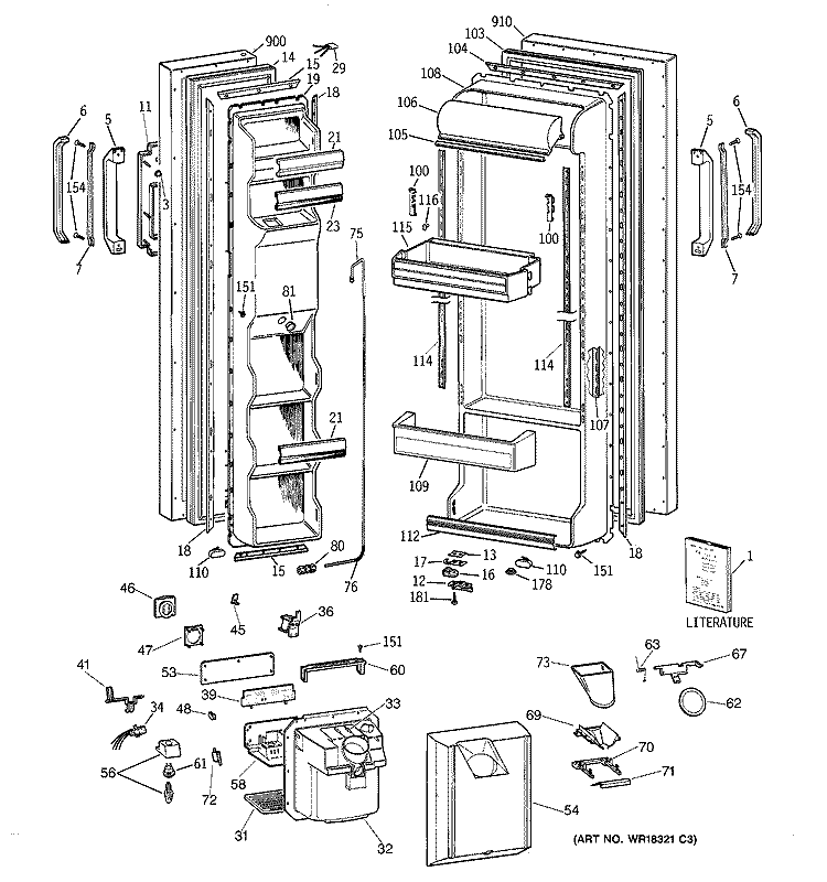 DOORS Diagram and Parts List for MSX25DRZAAA  General Electric Refrigerator