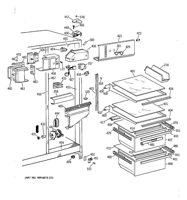 FRESH FOOD SECTION Diagram and Parts List for MSK22GAZAAD  General Electric Refrigerator
