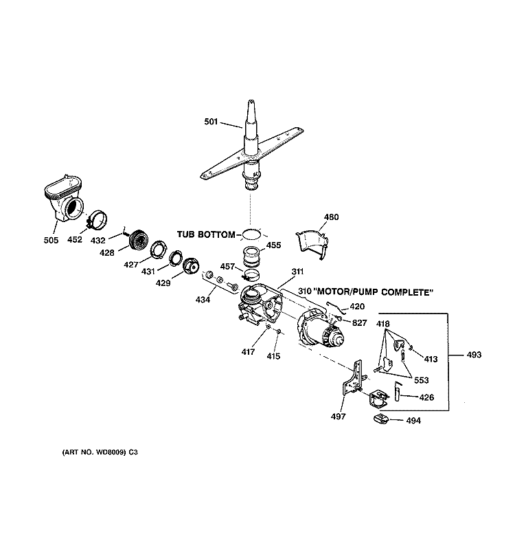 MOTOR - PUMP MECHANISM Diagram and Parts List for PSD300Y-72BA  General Electric Dishwasher