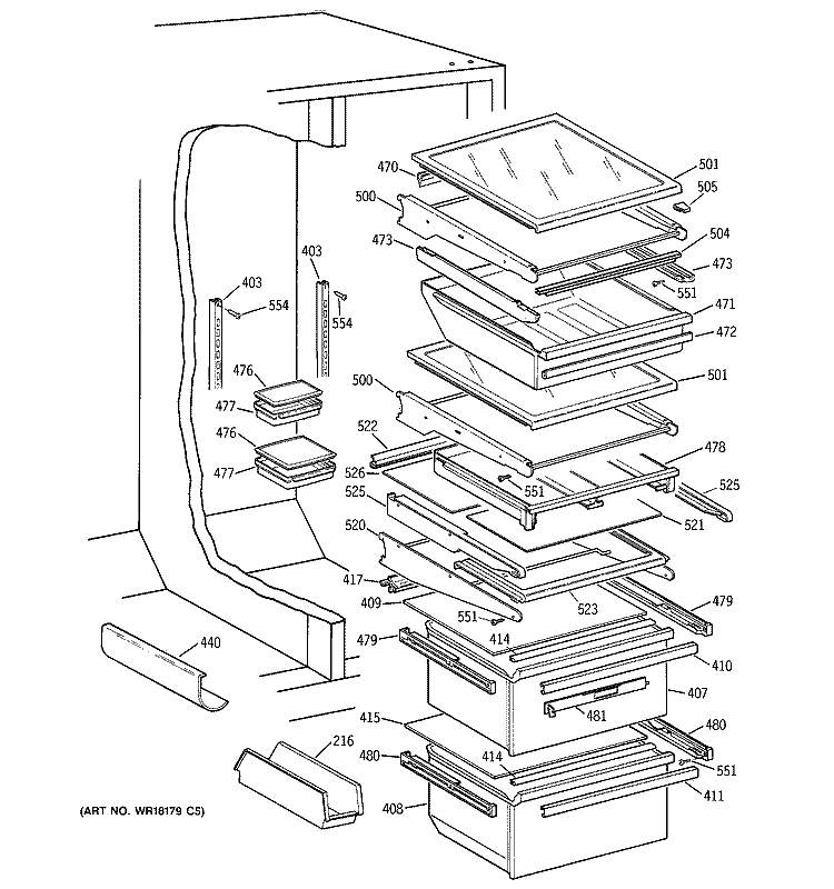 FRESH FOOD SHELVES Diagram and Parts List for MSK27PFZBWW  General Electric Refrigerator