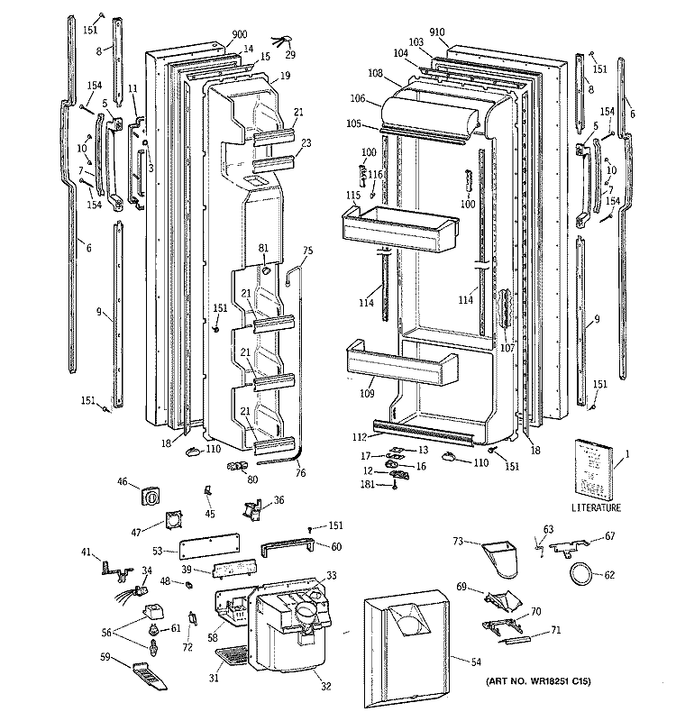 DOORS Diagram and Parts List for MSG25GRZBWW  General Electric Refrigerator
