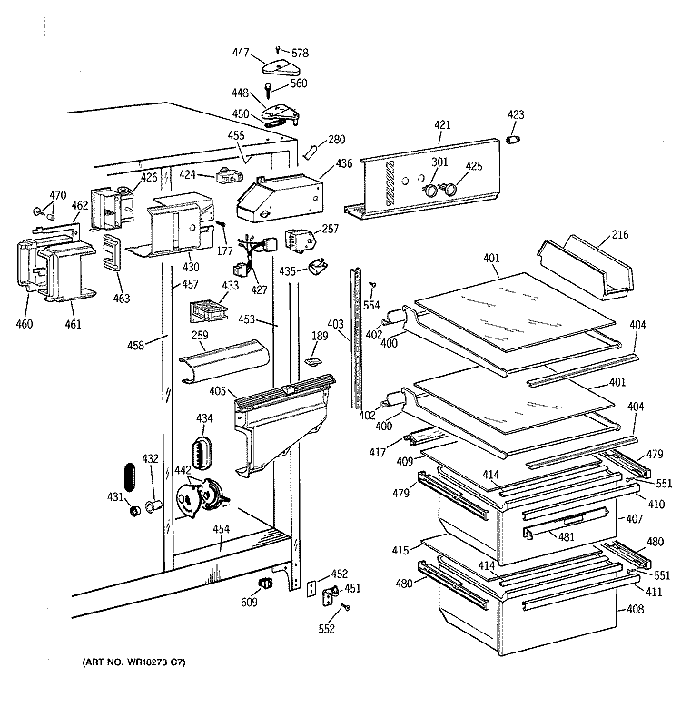 FRESH FOOD SECTION Diagram and Parts List for MSK22GAZBAD  General Electric Refrigerator