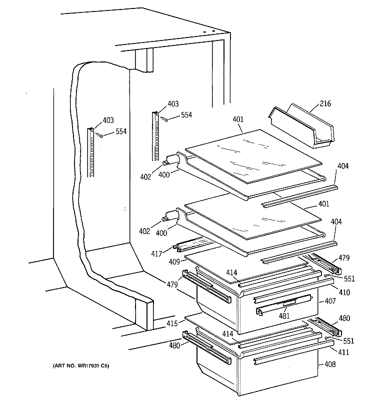 FRESH FOOD SECTION Diagram and Parts List for MST25GRZBWW  General Electric Refrigerator