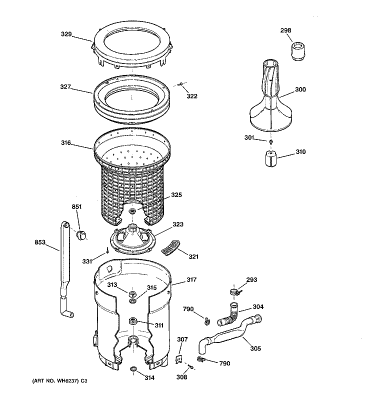 TUB, BASKET & AGITATOR Diagram and Parts List for YWSR2100T8WW  General Electric Washer
