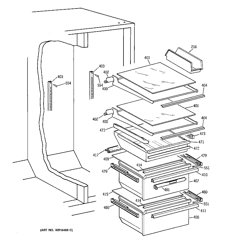 FRESH FOOD SECTION Diagram and Parts List for MSK28DHZCWW  General Electric Refrigerator