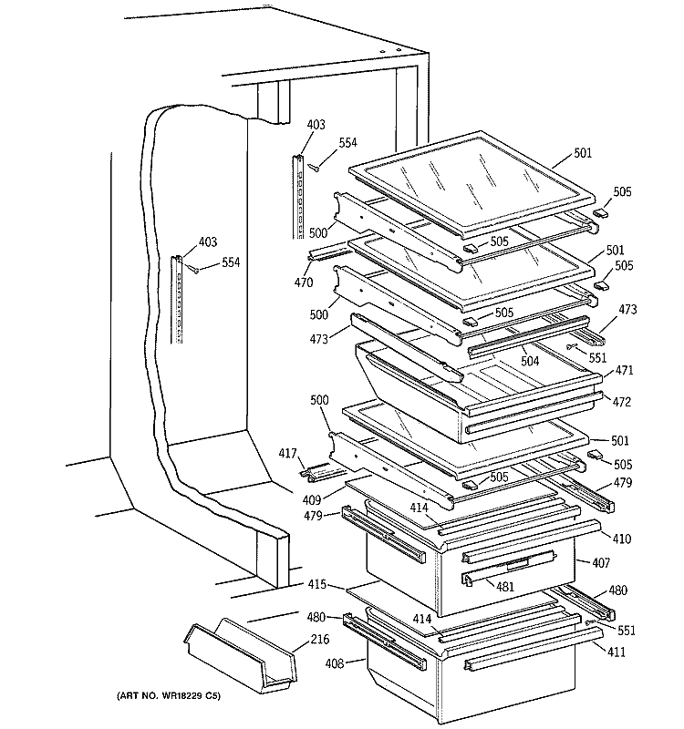 FRESH FOOD SECTION Diagram and Parts List for MSK28DHZDAA  General Electric Refrigerator