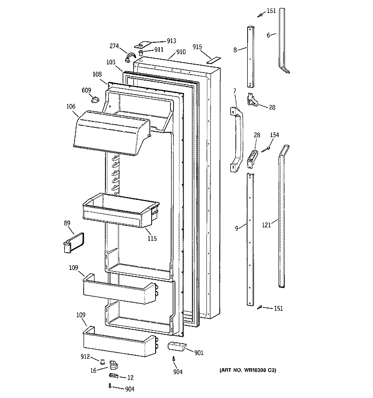 FRESH FOOD DOOR Diagram and Parts List for MSK28DRZDAA  General Electric Refrigerator