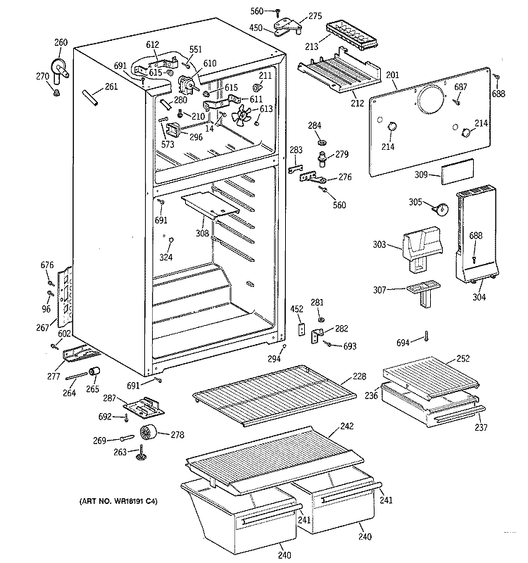 CABINET Diagram and Parts List for MTT14EAZFRAD  General Electric Refrigerator