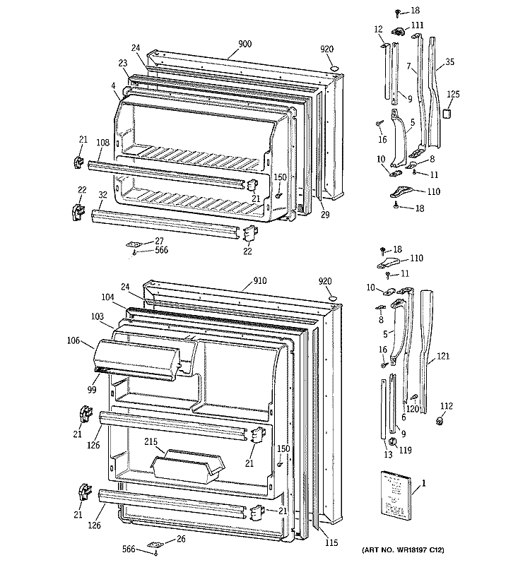 DOORS Diagram and Parts List for MTT16EAZFRAD  General Electric Refrigerator