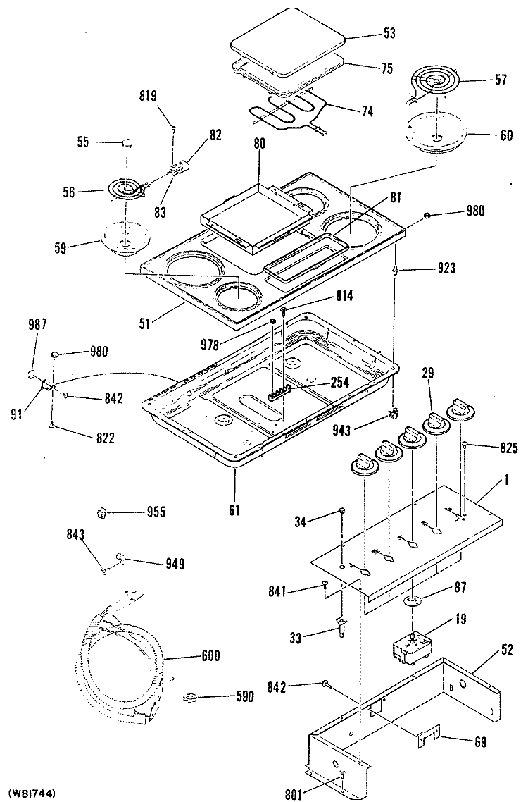Section Diagram and Parts List for JP620N1  General Electric Cooktop