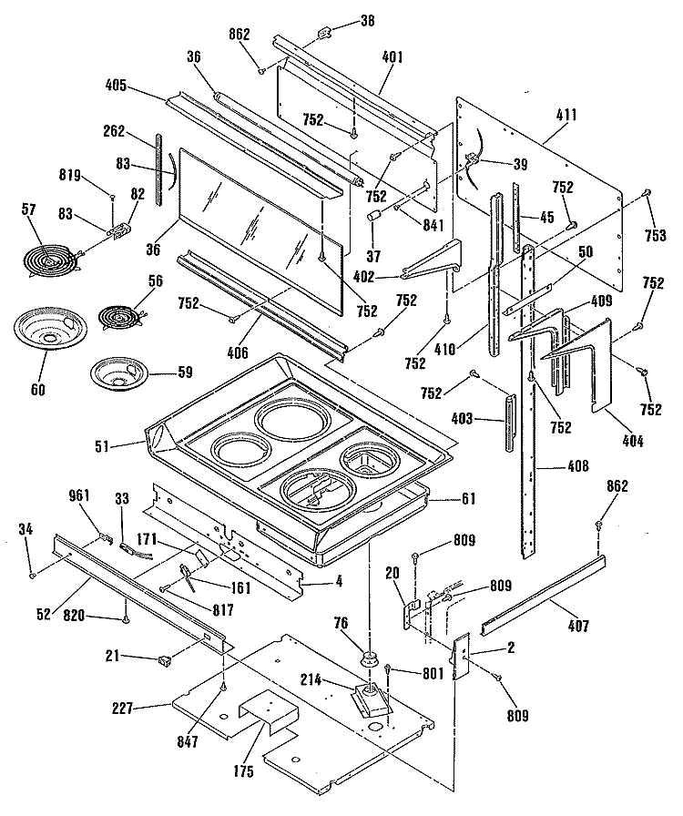 Section Diagram and Parts List for JHP63GN2  General Electric Range