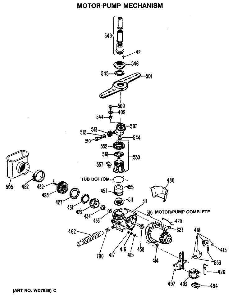 MOTOR - PUMP MECHANISM Diagram and Parts List for GSD970M-01  General Electric Dishwasher