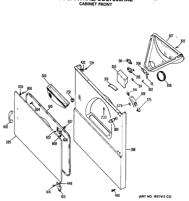 CABINET FRONT Diagram and Parts List for DDE7600RAL  General Electric Dryer