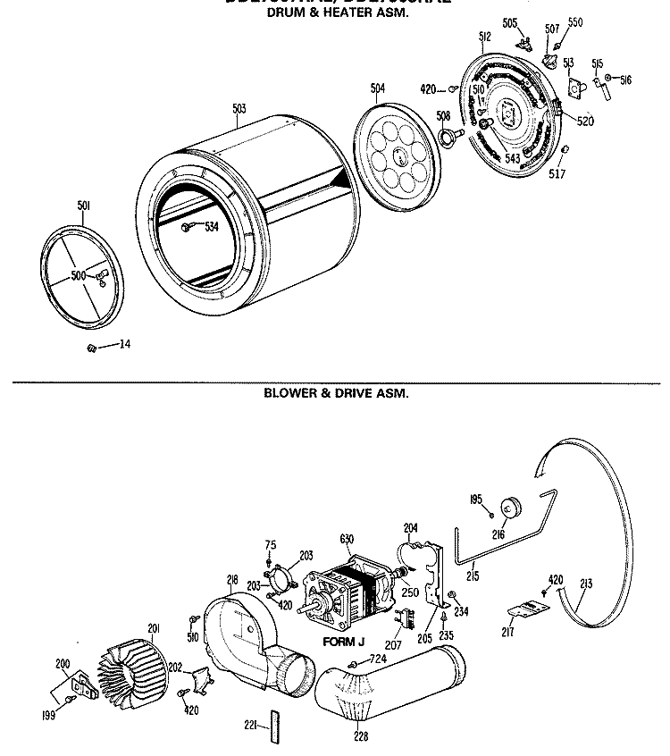 DRUM & HEATER ASM. Diagram and Parts List for DDE7600RAL  General Electric Dryer