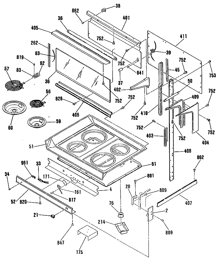 Section Diagram and Parts List for JHP56GN3AD  General Electric Range