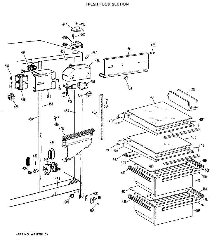 FRESH FOOD SECTION Diagram and Parts List for TFX20RRAAD  General Electric Refrigerator
