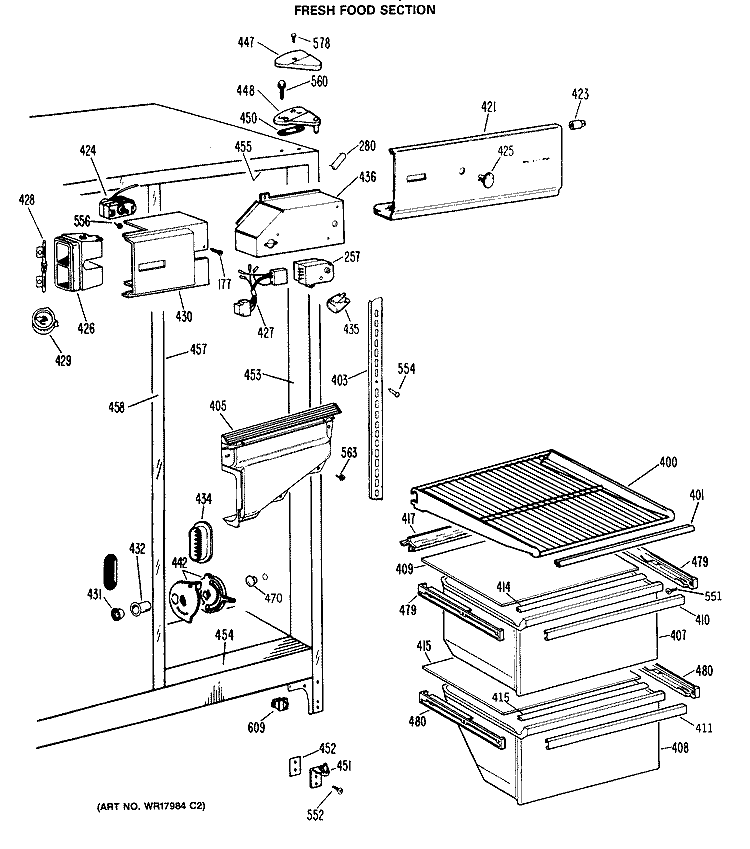 FRESH FOOD SECTION Diagram and Parts List for TFX20SRAAD  General Electric Refrigerator