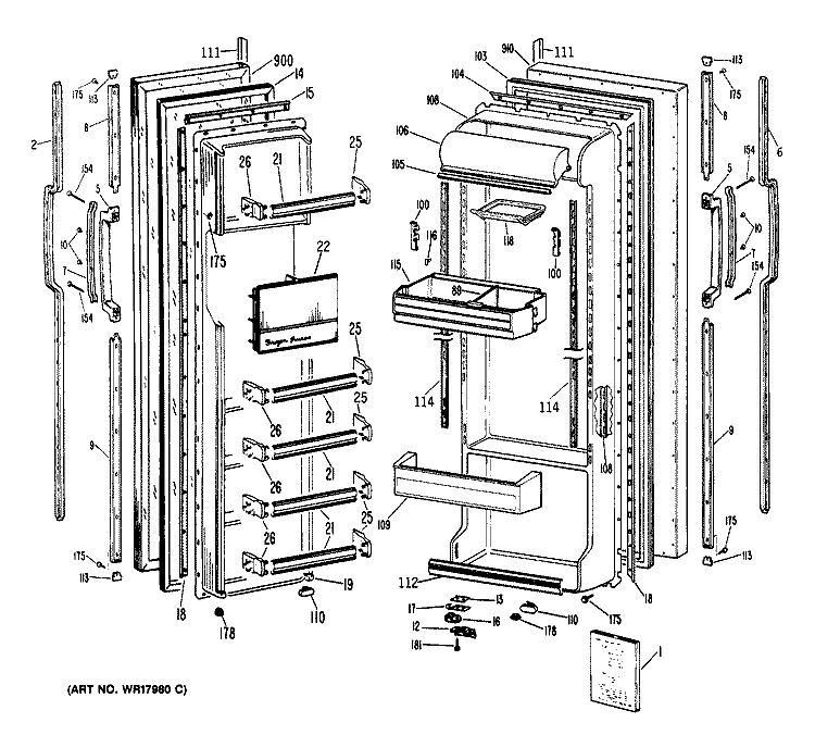 Section Diagram and Parts List for TFX24ZRAWH  General Electric Refrigerator