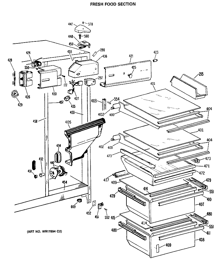 FRESH FOOD SECTION Diagram and Parts List for TFX24ZRAWH  General Electric Refrigerator