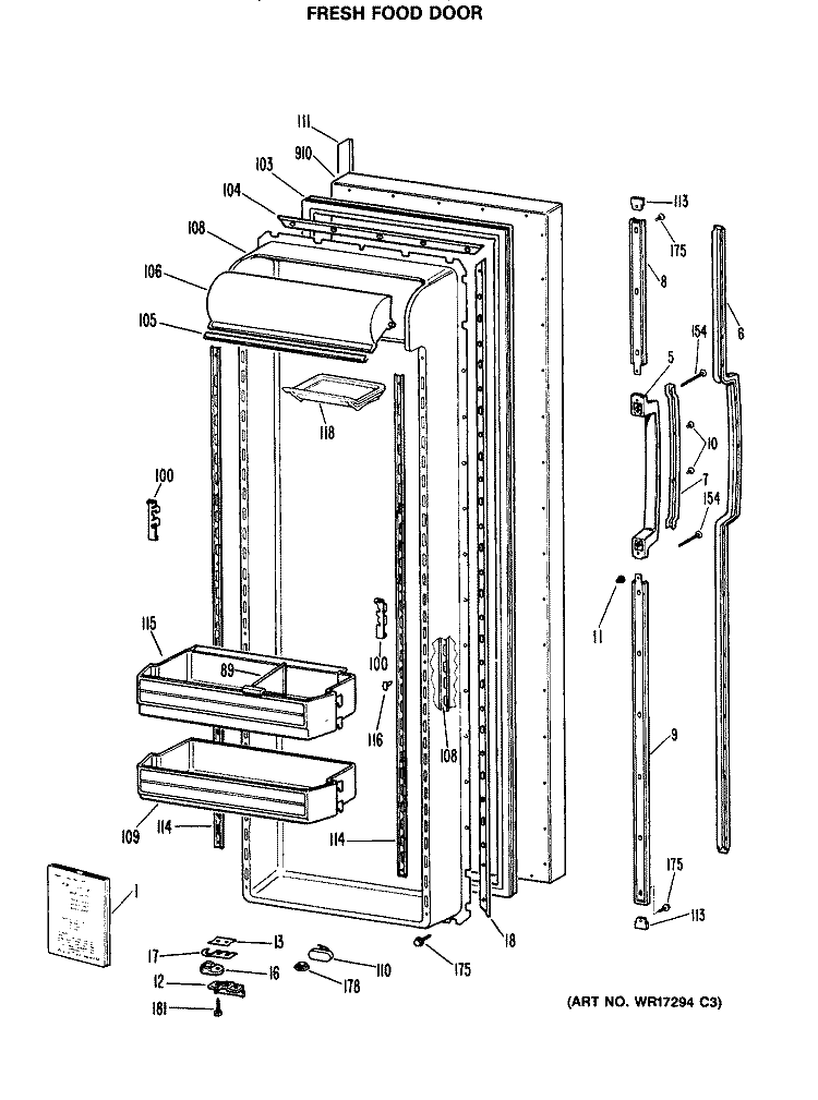 FRESH FOOD DOOR Diagram and Parts List for TFX27VRAAD  General Electric Refrigerator