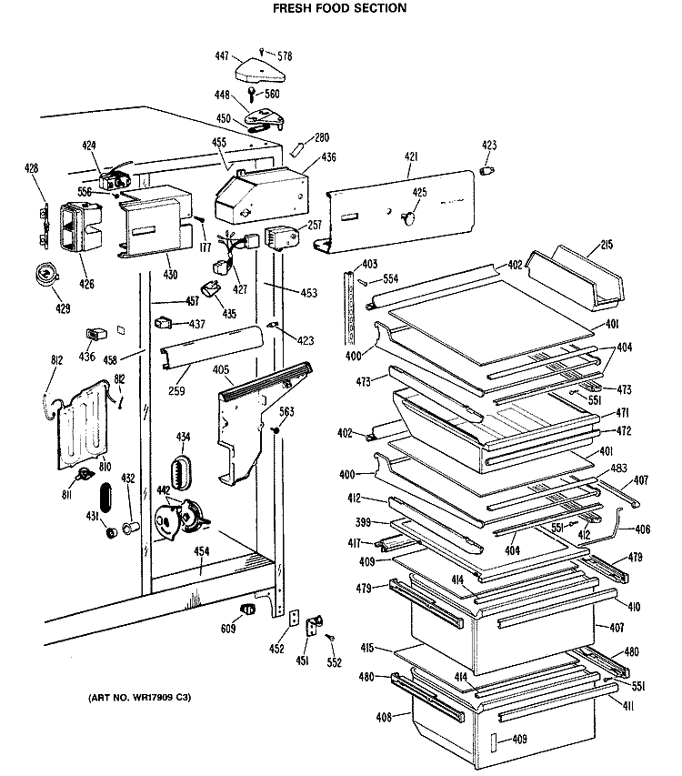 FRESH FOOD SECTION Diagram and Parts List for TFX27VRAAD  General Electric Refrigerator