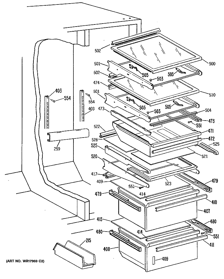 Section Diagram and Parts List for TFEW22RRAWH  General Electric Refrigerator