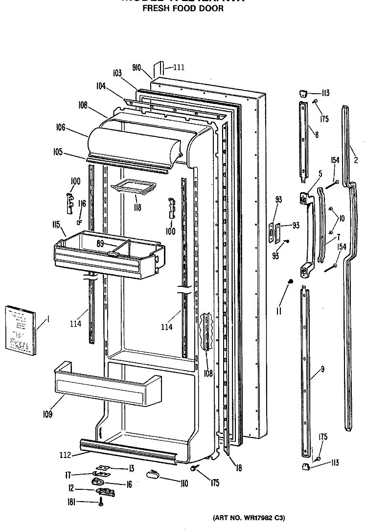 FRESH FOOD DOOR Diagram and Parts List for TFE24ERAWH  General Electric Refrigerator