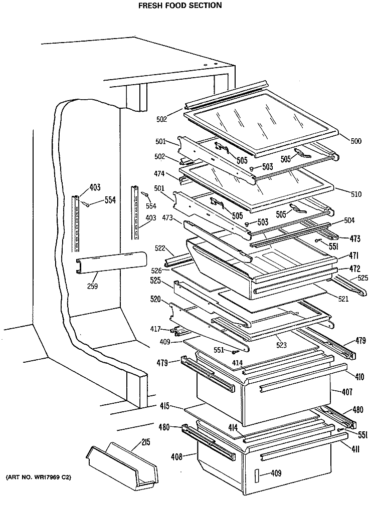 FRESH FOOD SECTION Diagram and Parts List for TFEW24RRAWH  General Electric Refrigerator