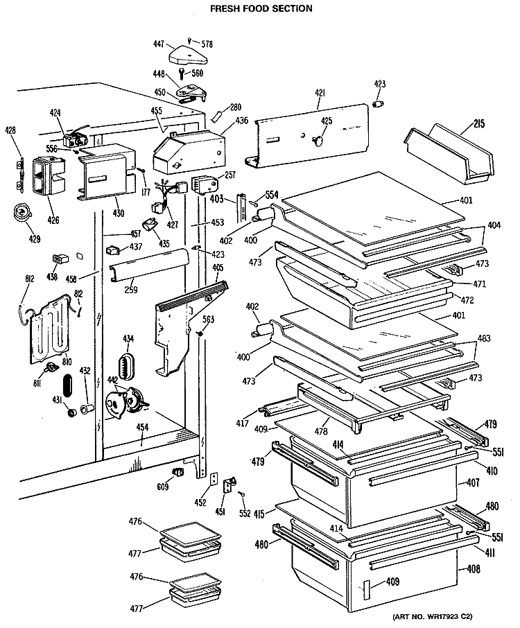 FRESH FOOD SECTION Diagram and Parts List for TFE27ERAWH  General Electric Refrigerator