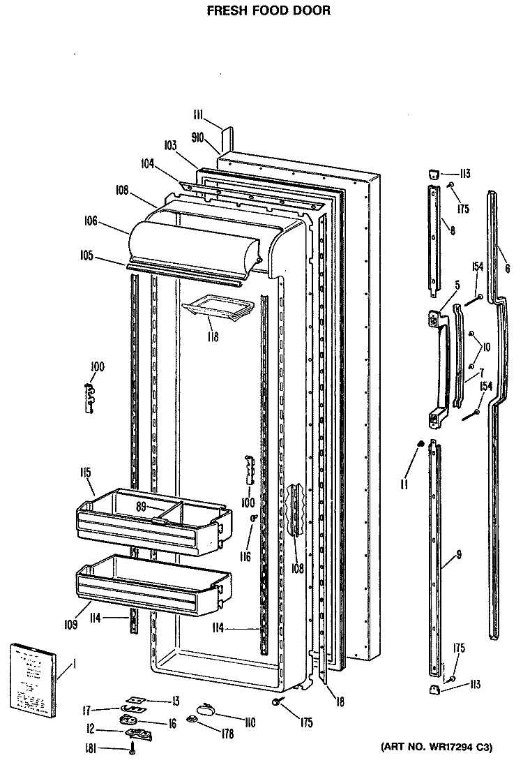 FRESH FOOD DOOR Diagram and Parts List for TFE27RRAWH  General Electric Refrigerator