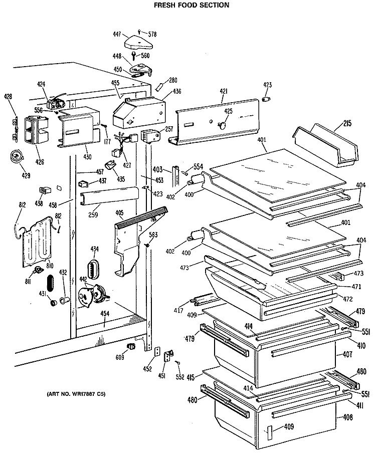 FRESH FOOD SECTION Diagram and Parts List for TFE27RRAWH  General Electric Refrigerator