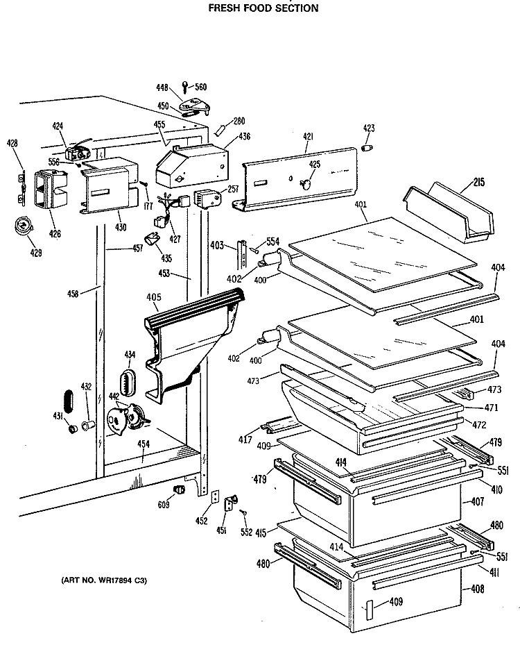 FRESH FOOD SECTION Diagram and Parts List for TFC22ZRAAD  General Electric Refrigerator