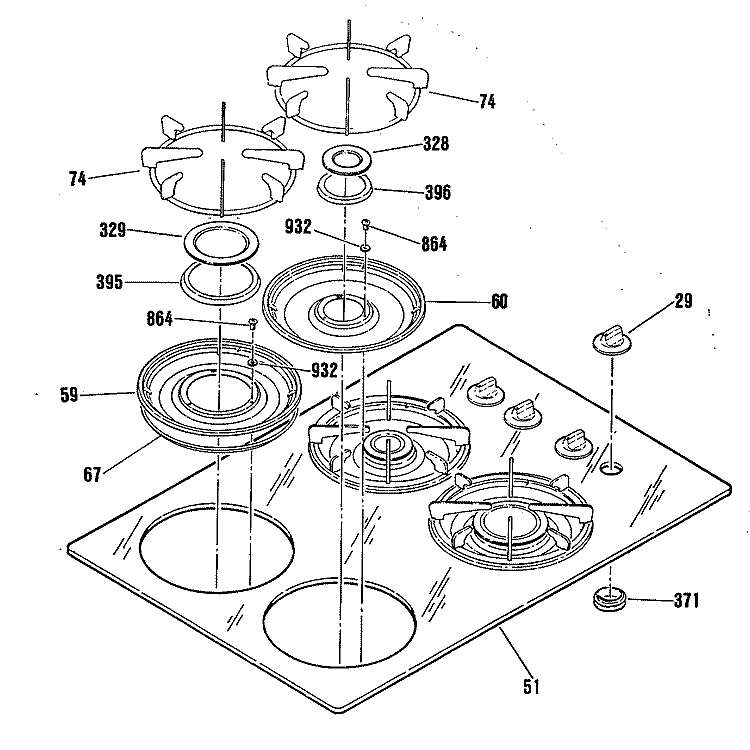 Section Diagram and Parts List for JGP331EP2WG  General Electric Cooktop