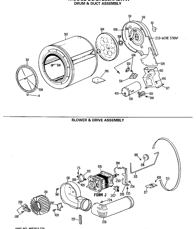 DRUM & DUCT ASSEMBLY Diagram and Parts List for DDG7289RALWW  General Electric Dryer