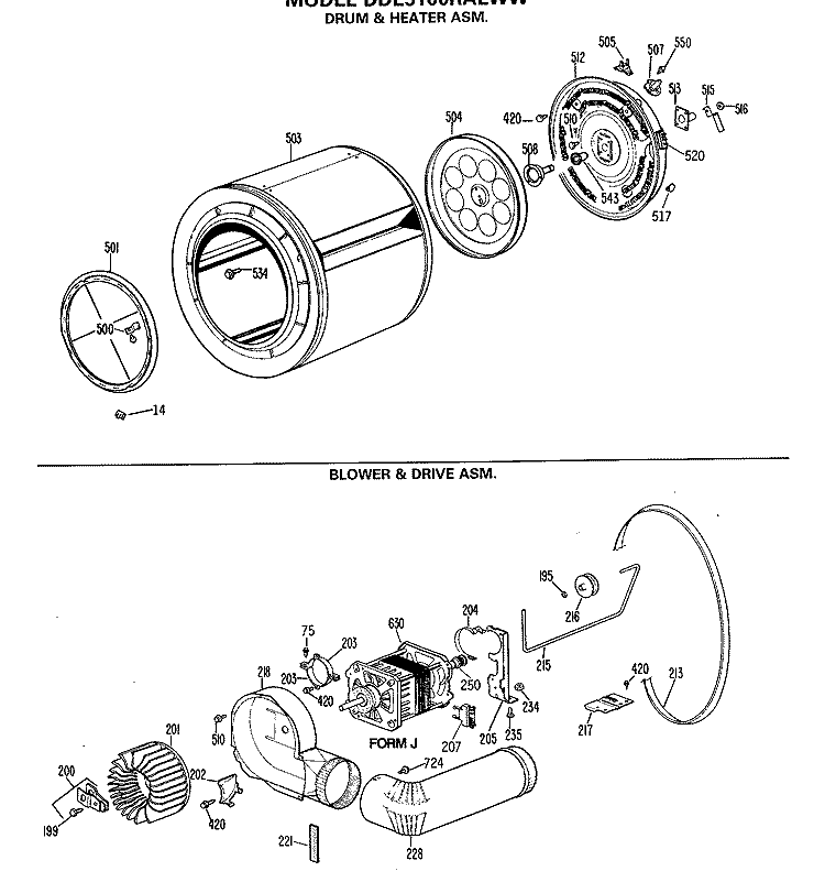 DRUM & HEATER ASM. Diagram and Parts List for DDE5100RALWW  General Electric Dryer