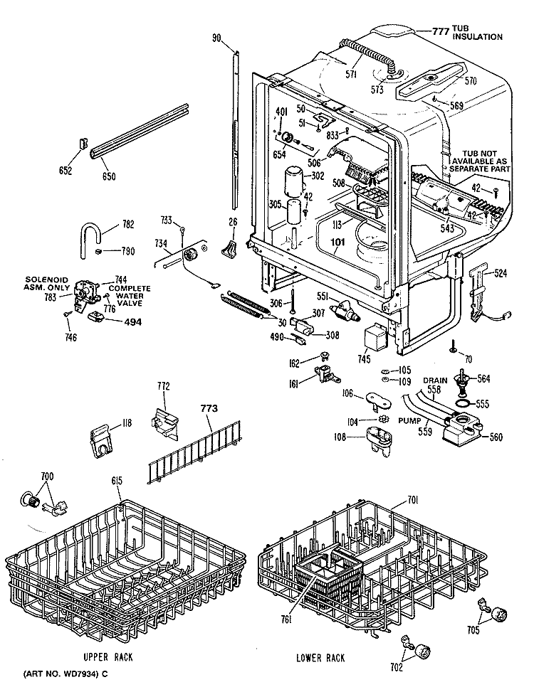 Section Diagram and Parts List for ZBD3000R45BW  General Electric Dishwasher