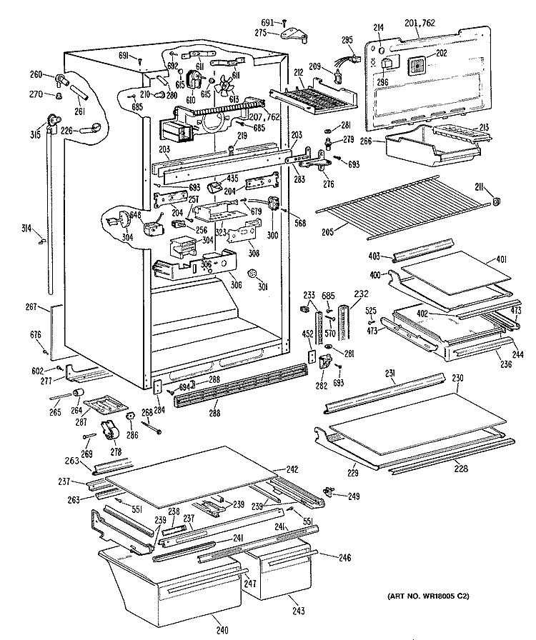 Section Diagram and Parts List for TBE24ZPLRWH  General Electric Refrigerator