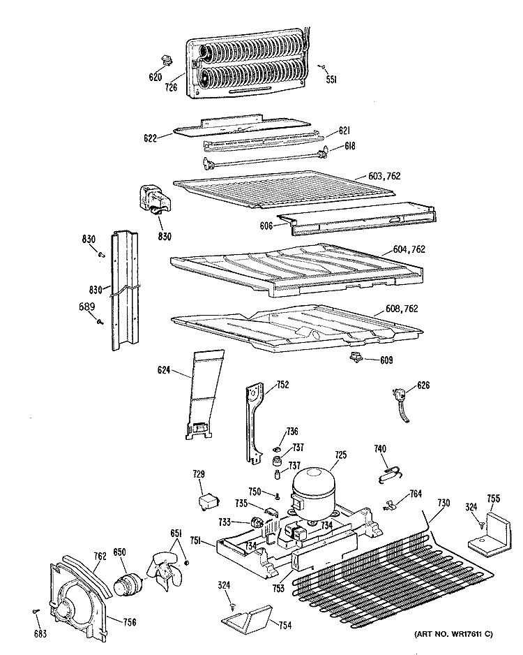 Section Diagram and Parts List for TBE19JRERAD  General Electric Refrigerator