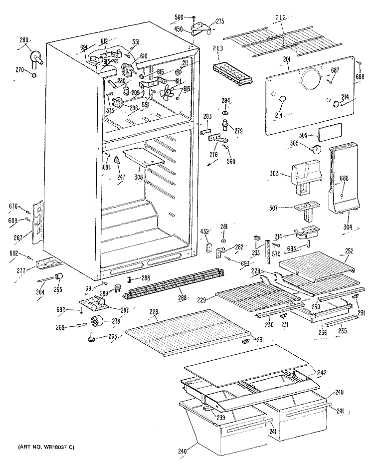 Section Diagram and Parts List for TBH16DRJRWH  General Electric Refrigerator
