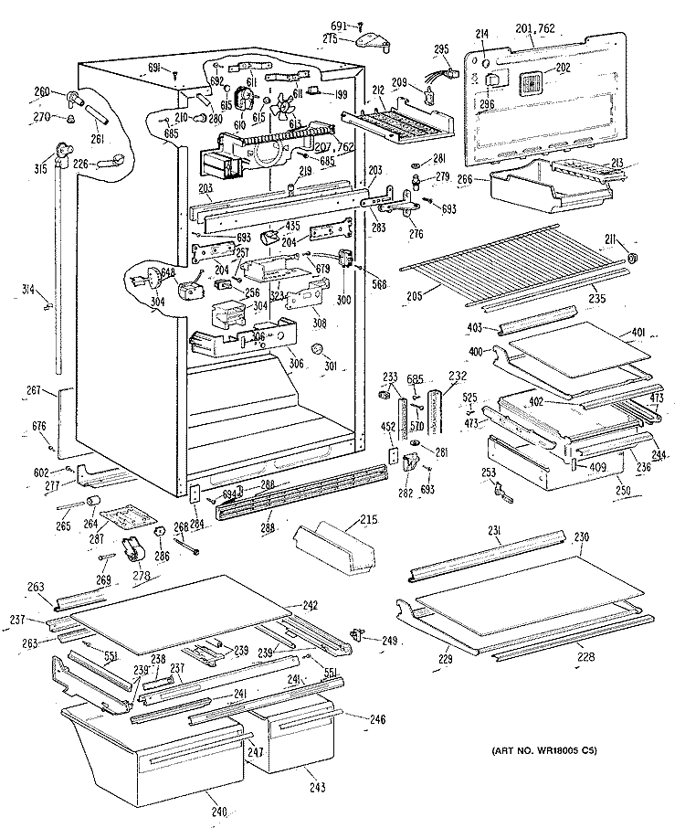 Section Diagram and Parts List for TBH19JRERWH  General Electric Refrigerator