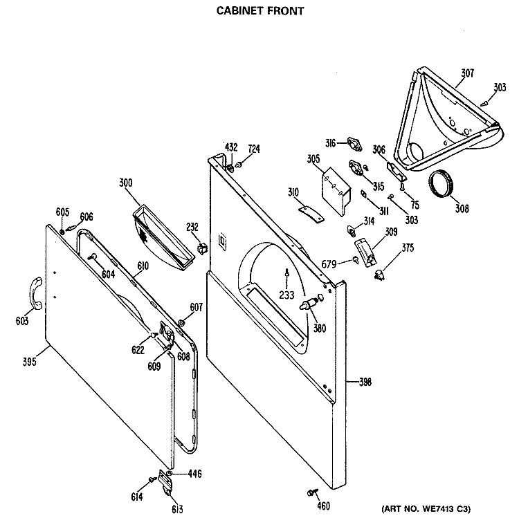 CABINET FRONT Diagram and Parts List for DDE7200RALWW  General Electric Dryer