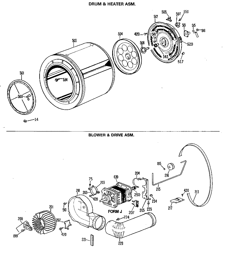 DRUM & HEATER ASM. Diagram and Parts List for DDE7200RALWW  General Electric Dryer