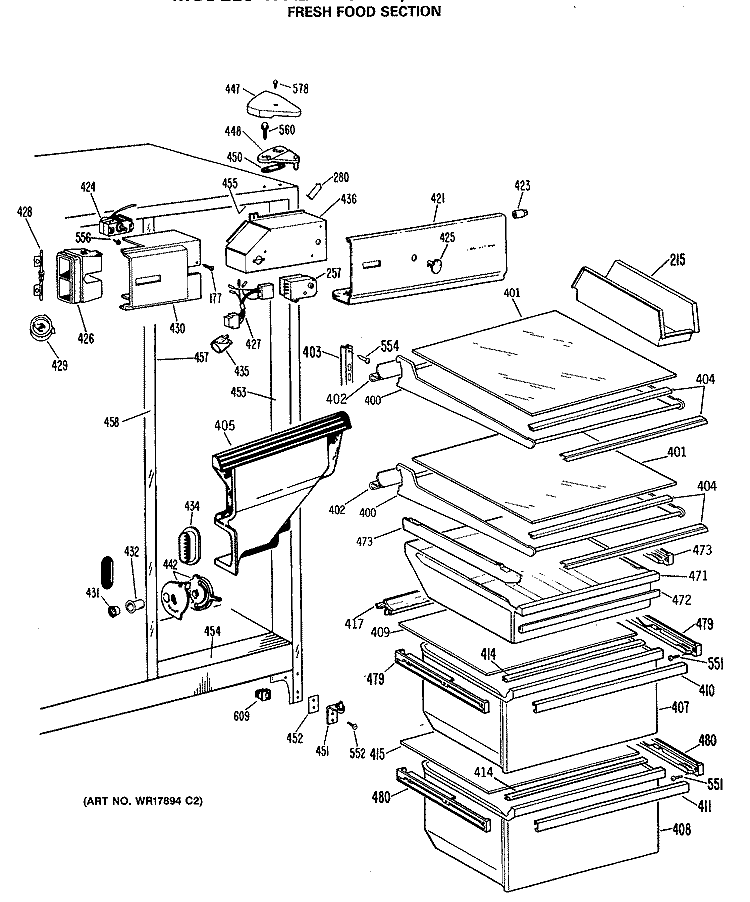 FRESH FOOD SECTION Diagram and Parts List for TFX24ZASAAD  General Electric Refrigerator
