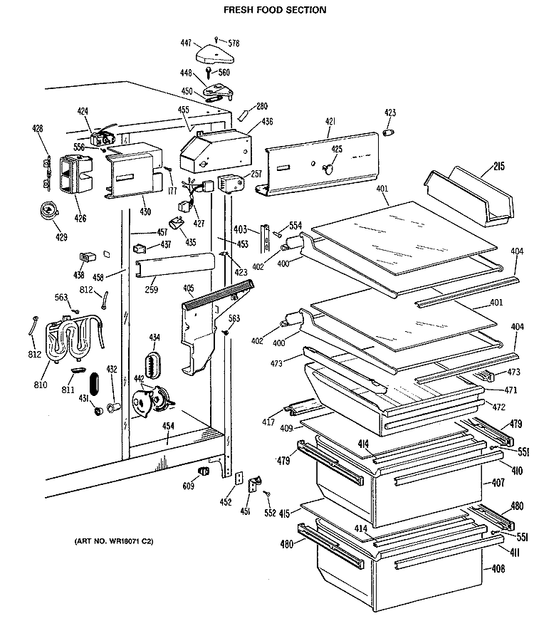 FRESH FOOD SECTION Diagram and Parts List for TFX24ZFSAWH  General Electric Refrigerator