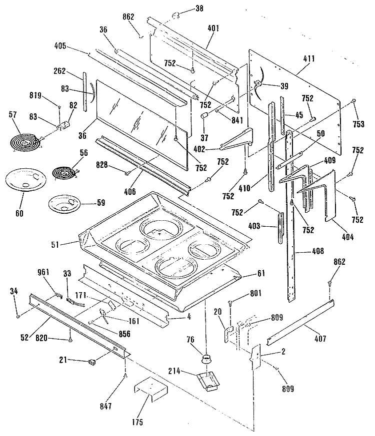Section Diagram and Parts List for JHP63GN5AD  General Electric Range