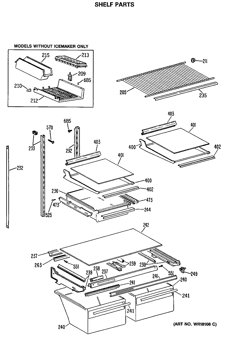 SHELF PARTS Diagram and Parts List for TBX25JASKRAD  General Electric Refrigerator