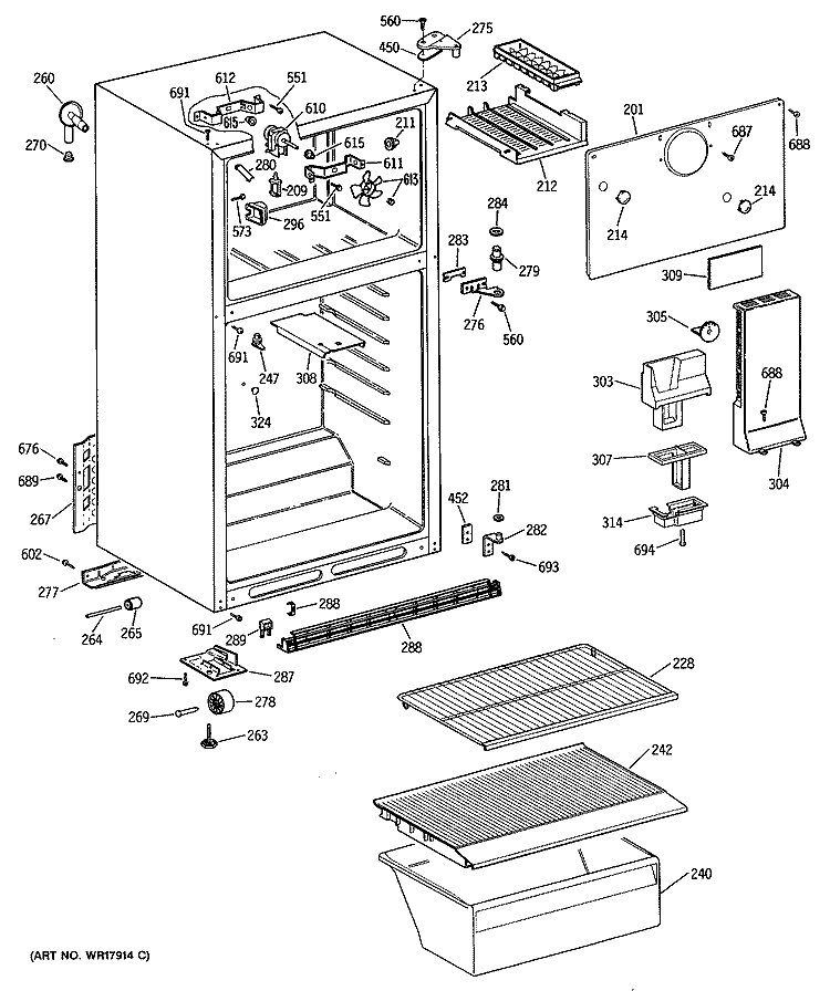Section Diagram and Parts List for TBE14SASDRAD  General Electric Refrigerator