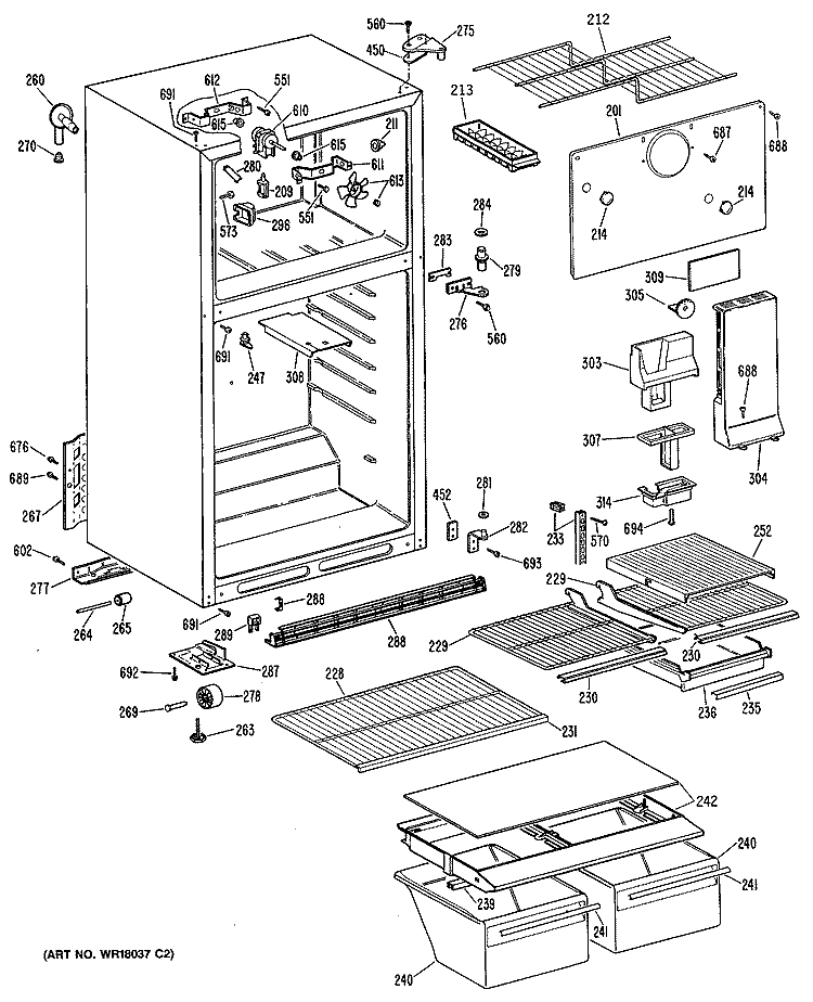 Section Diagram and Parts List for TBH14DASERAD  General Electric Refrigerator