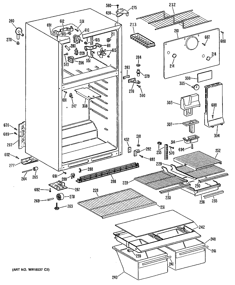 Section Diagram and Parts List for TBH14DASGRWH  General Electric Refrigerator